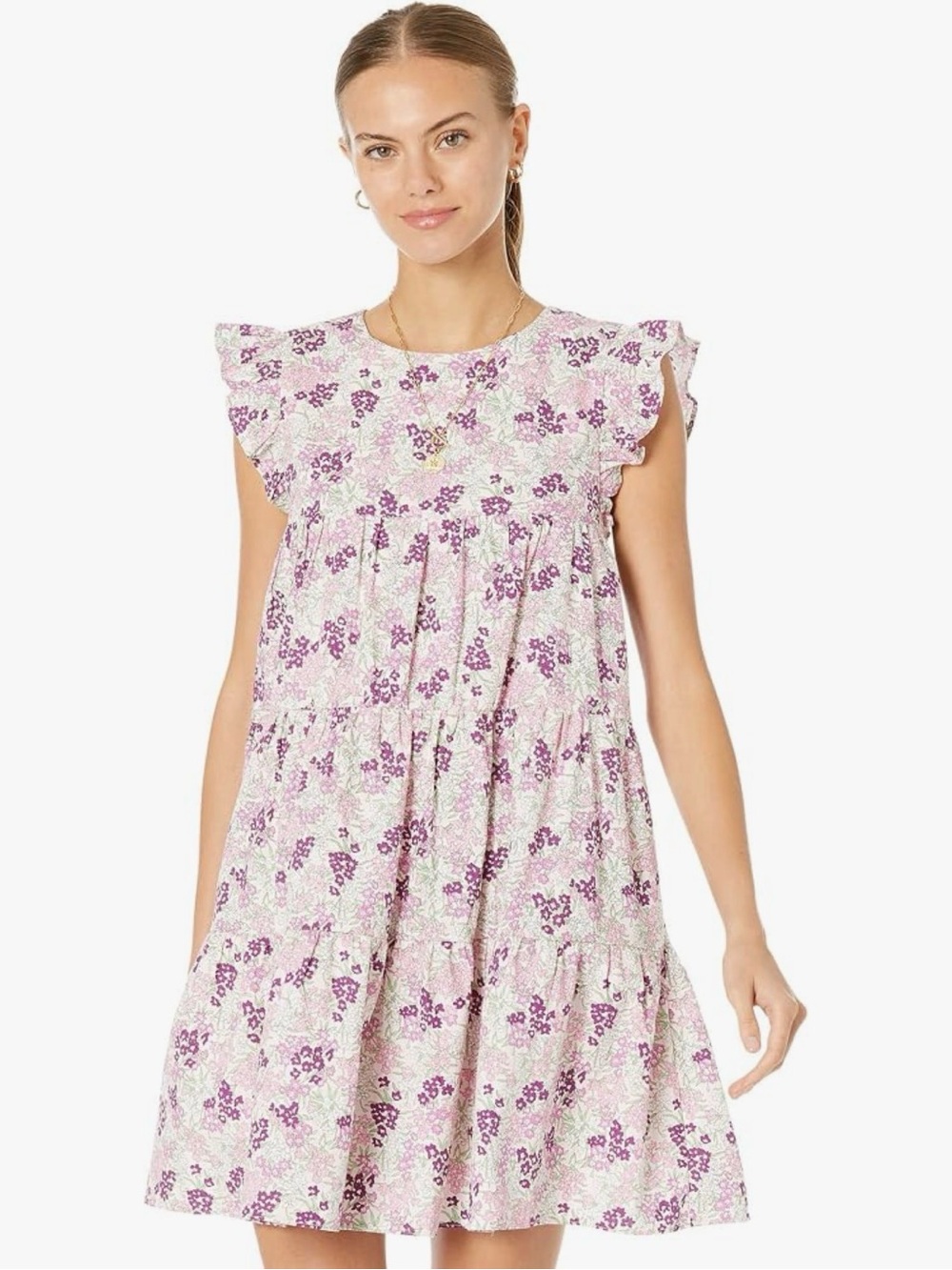 English Factory Pink Purple Floral Cotton Mini Babydoll Dress Size Medium
